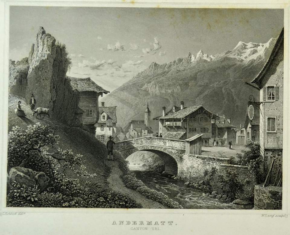 Grafik, Ansicht von Andermatt im Kanton Uri