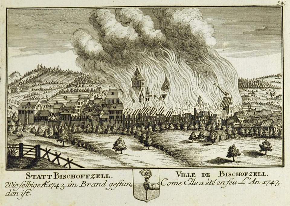 Ansicht Brand von Bischofszell, Grundriss mit Brandgebieten 1743