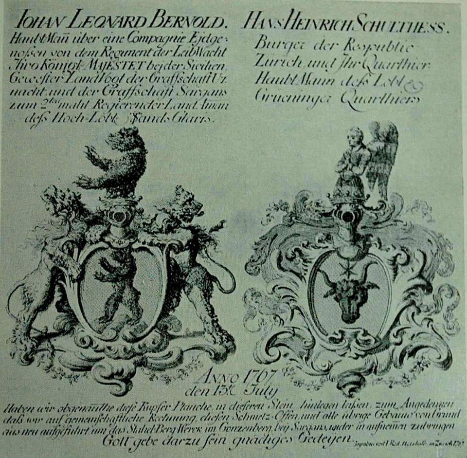 Gravierte Kupferplatte aus dem Grundstein eines Schmelzofens