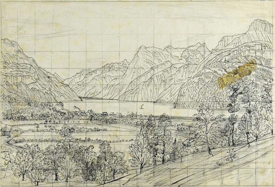 Federzeichnung Vierwaldstättersee von Brunnen aus