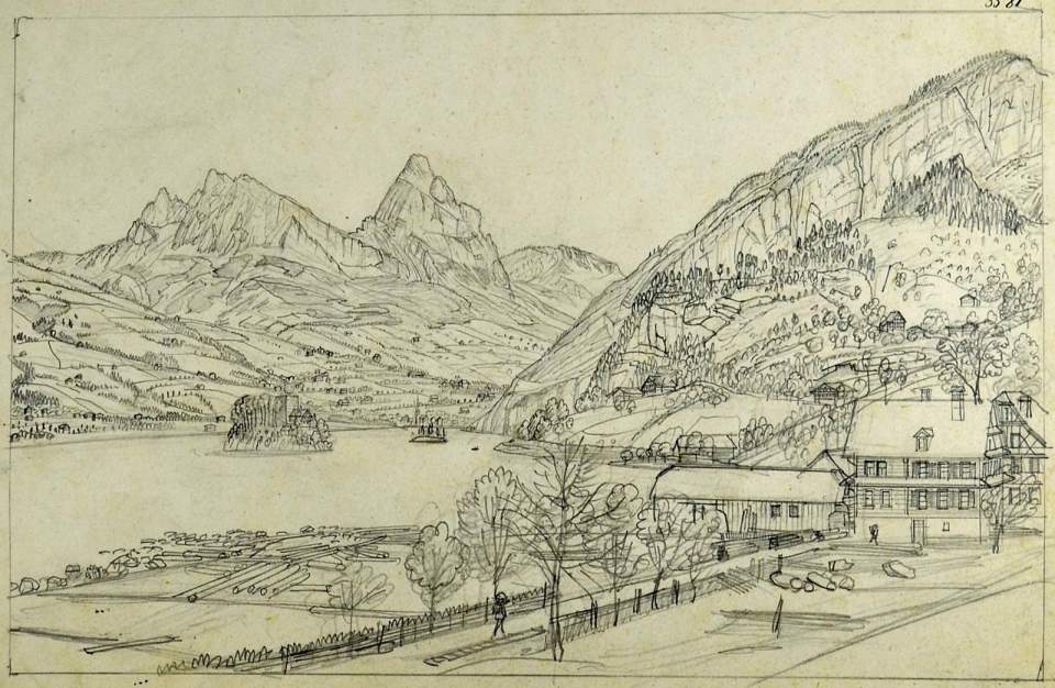Bleistiftzeichnung Lauerzersee mit Insel Schwanau
