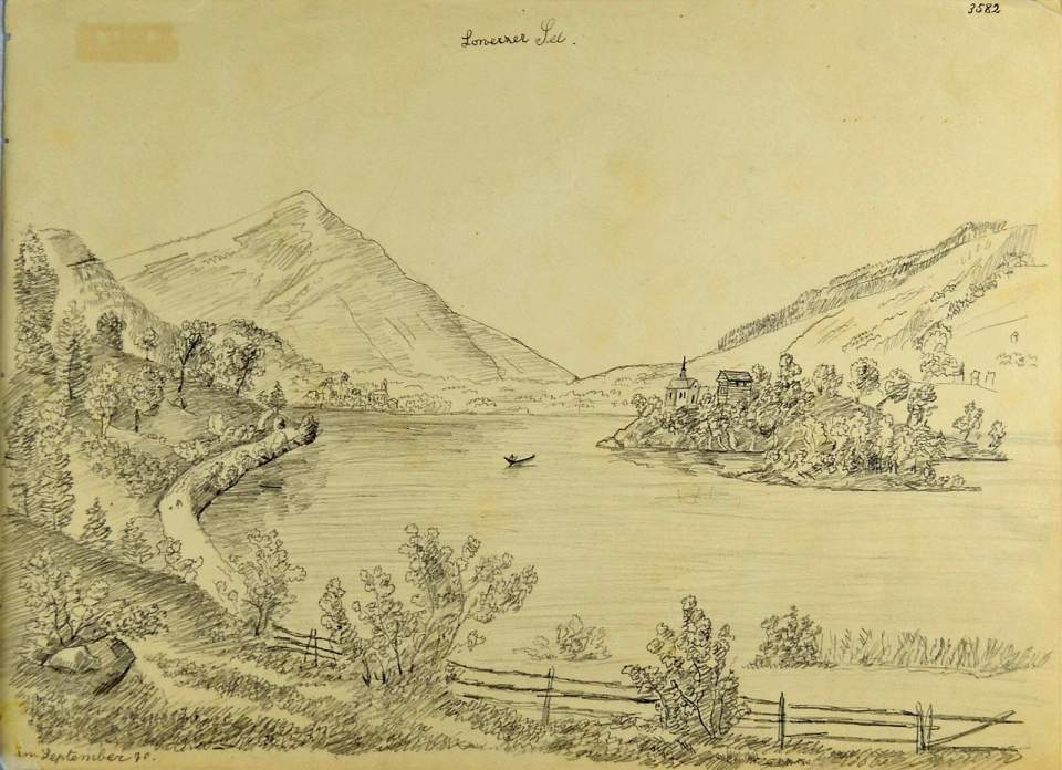 Bleistiftzeichnung Lauerzersee mit Insel Schwanau