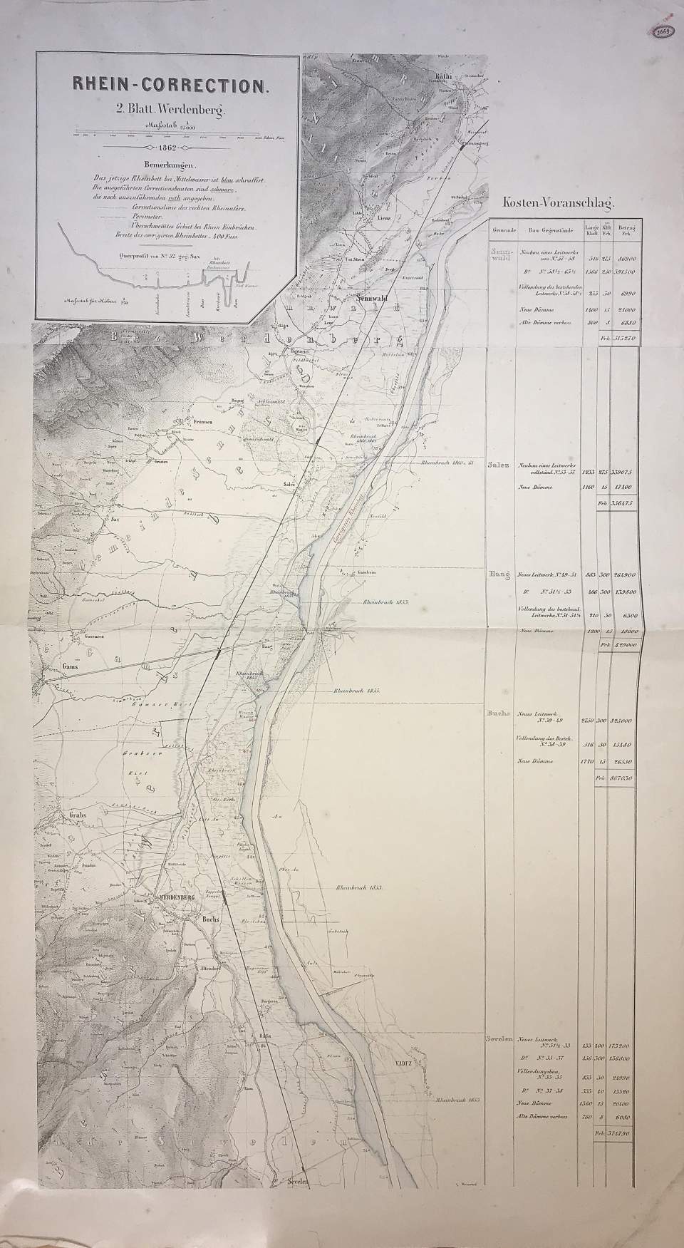Karte der Rheinkorrektion von Sargans bis Bodensee, Inv. Nrn. 3668 - 3671