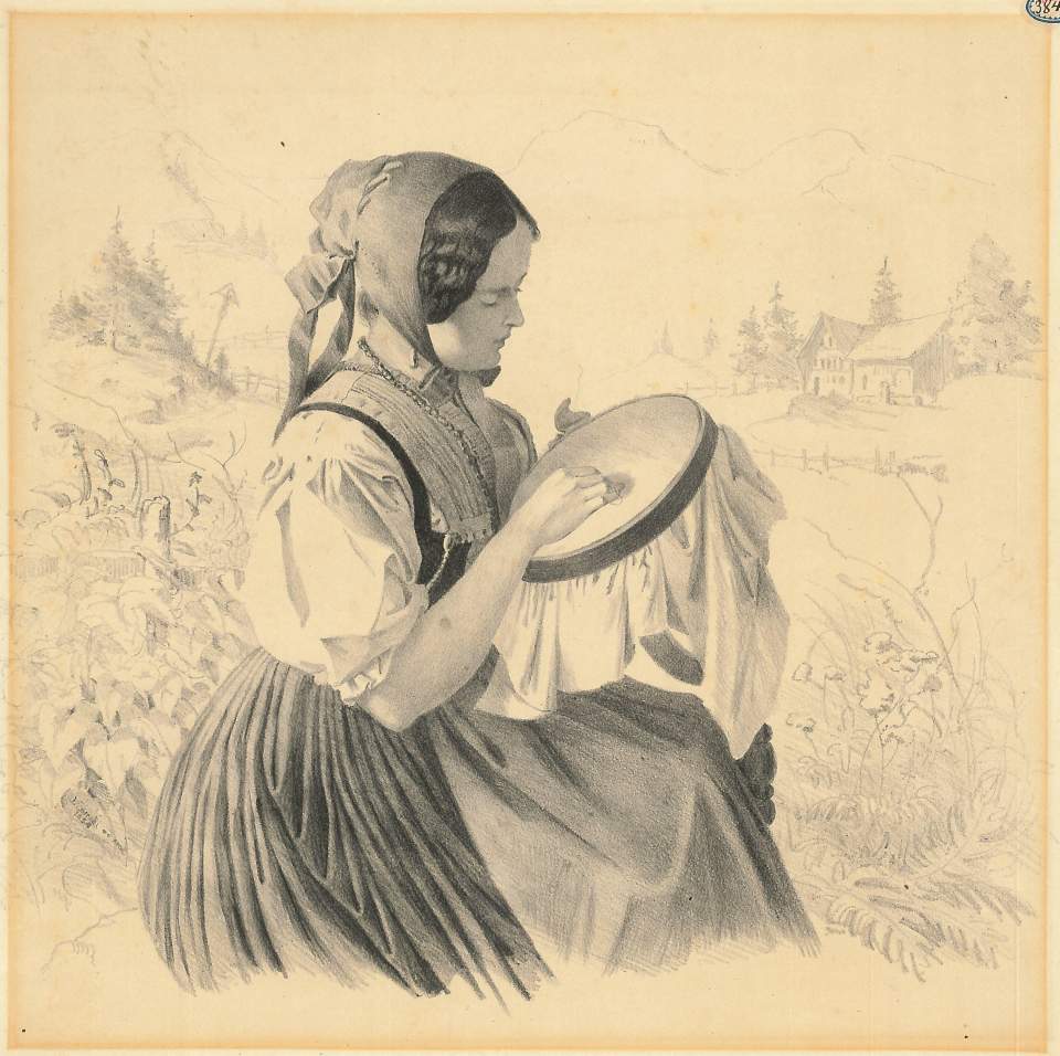 Lithografie, Appenzeller Stickerin mit Stickrahmen 