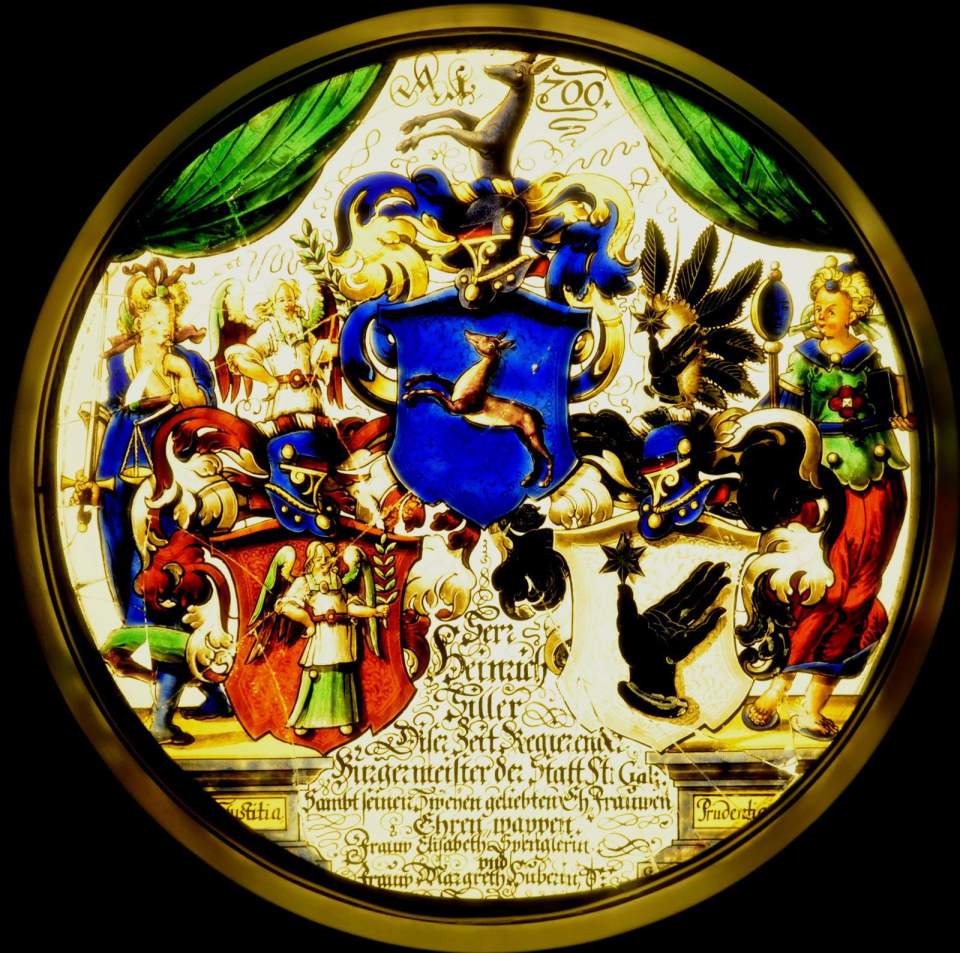 Allianzwappenscheibe von Heinrich Hiller, Elisabeth Spengler und Margret Huber, Glasgemälde