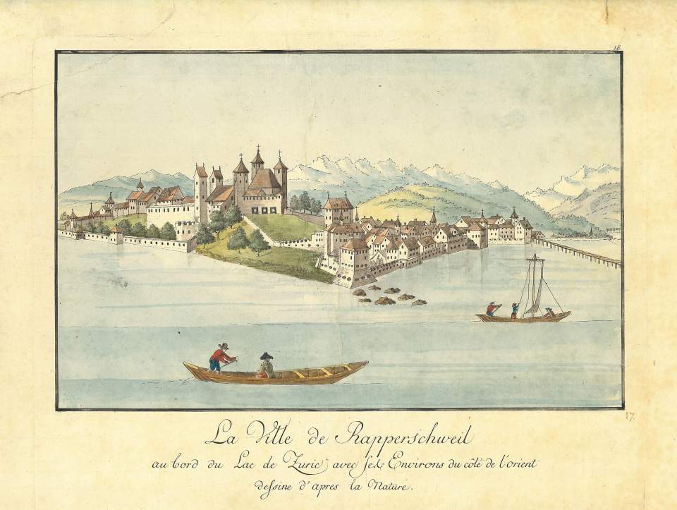 Grafik, Radierung, Ansicht der Stadt Rapperswil am Zürichsee