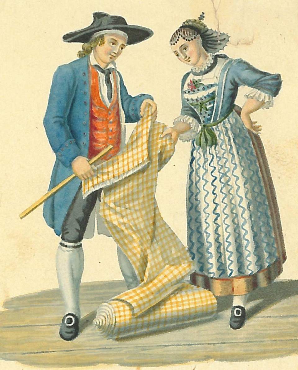 Trachtenbild, Mann und Frau aus der Ostschweiz mit Stoffballen