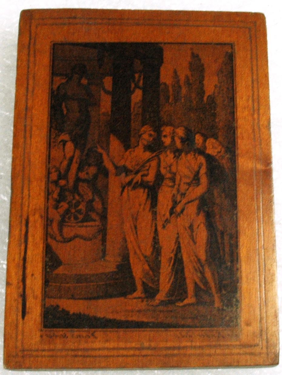 Holztafel mit Kupferstich