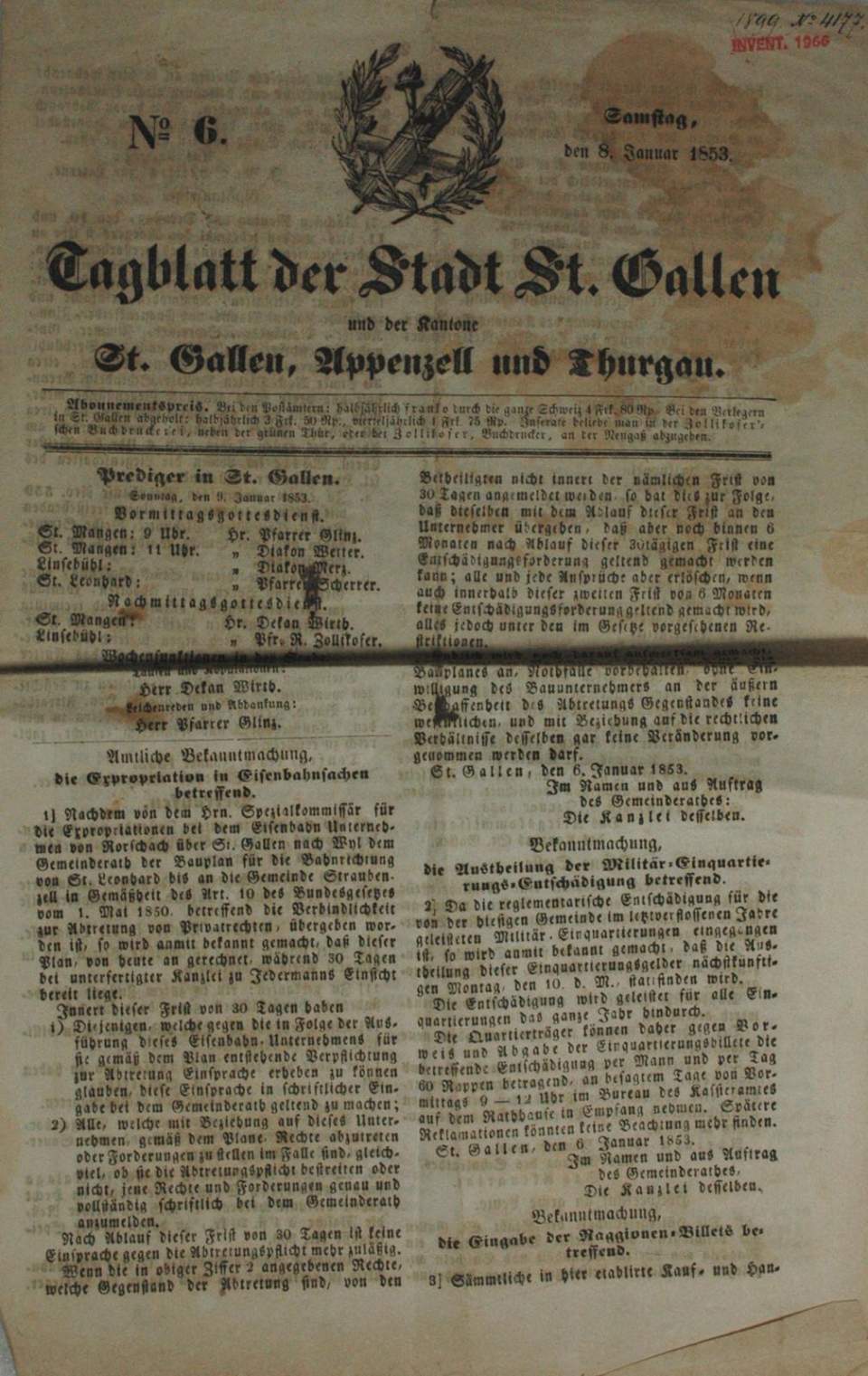 "Tagblatt der Stadt St. Gallen" (8.Jan.1853)