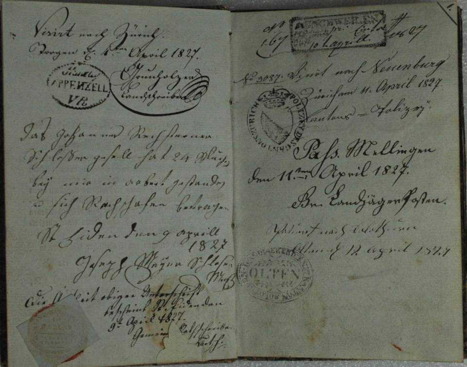 "Wanderbuch" vom Kt.AR für Johannes Rechsteiner (1827)