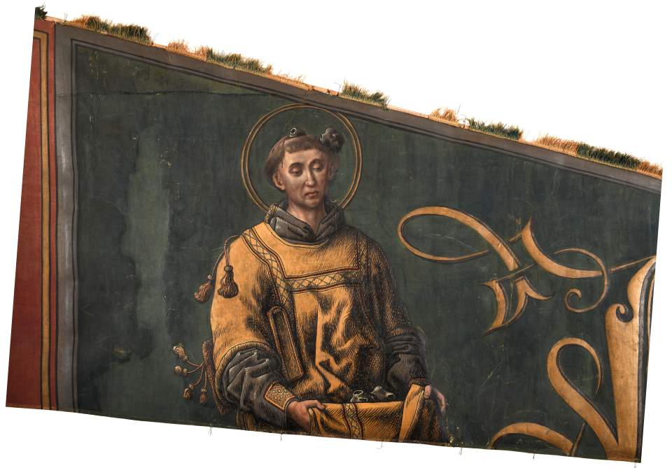 Fragment einer Hauptstandarte einer Ordonnanzkompanie von Herzog Karl dem Kühnen von Burgund mit Hl. Stephanus, Beute aus den Burgunderkriegen, Schlacht von Grandson 1476