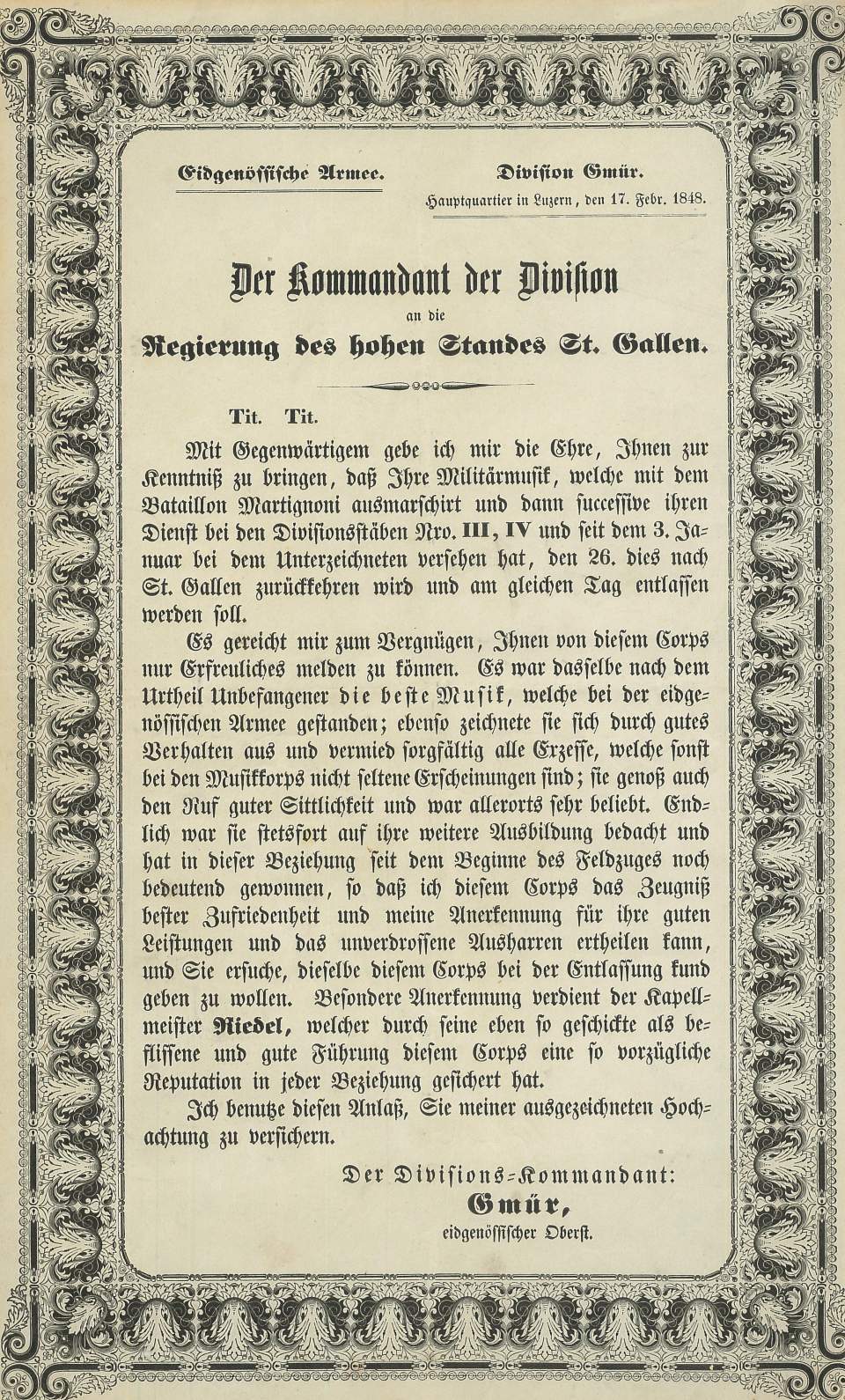 Dankurkunde für Bataillonsmusik