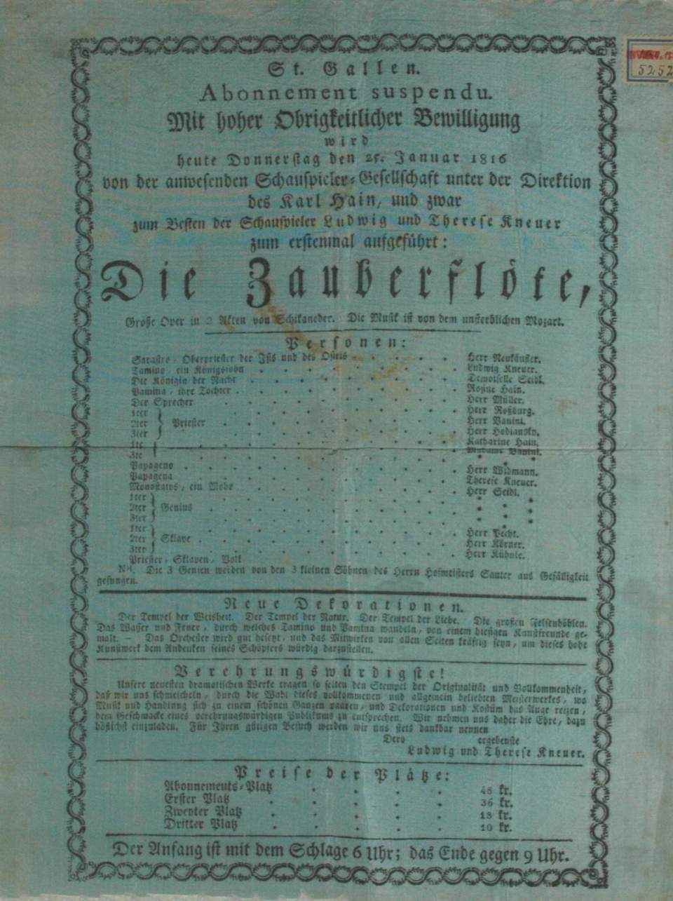 Theaterzettel von blauer, türkis und roter Seide (1815/16)