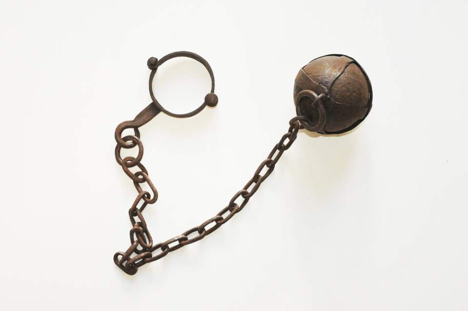 Gefängniskette mit Fussring, Fussschelle und Kugel, Fesseln