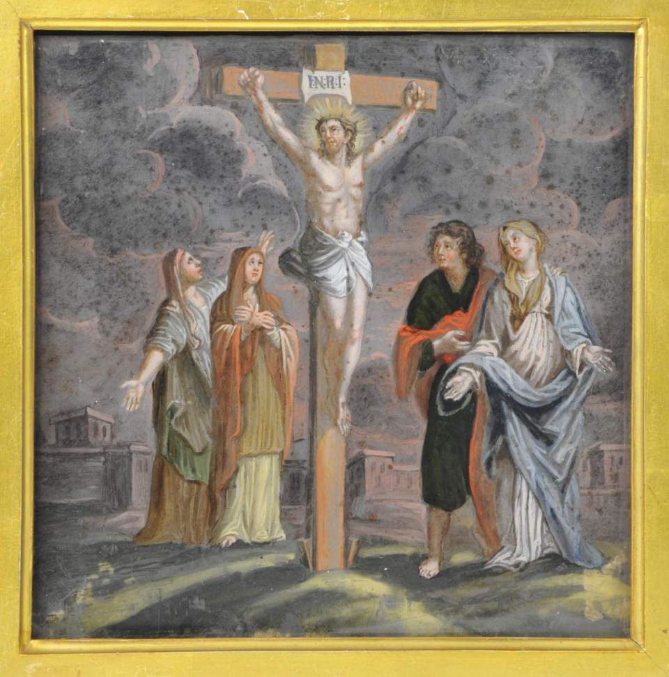 Auf Glas bemaltes Bild: Christus am Kreuz