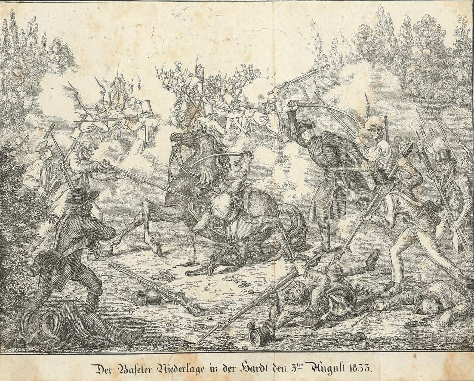 Karton Waldmann auf dem Blutgerüst und Niederlage der Basler in der Hardt 3. Aug. 1833