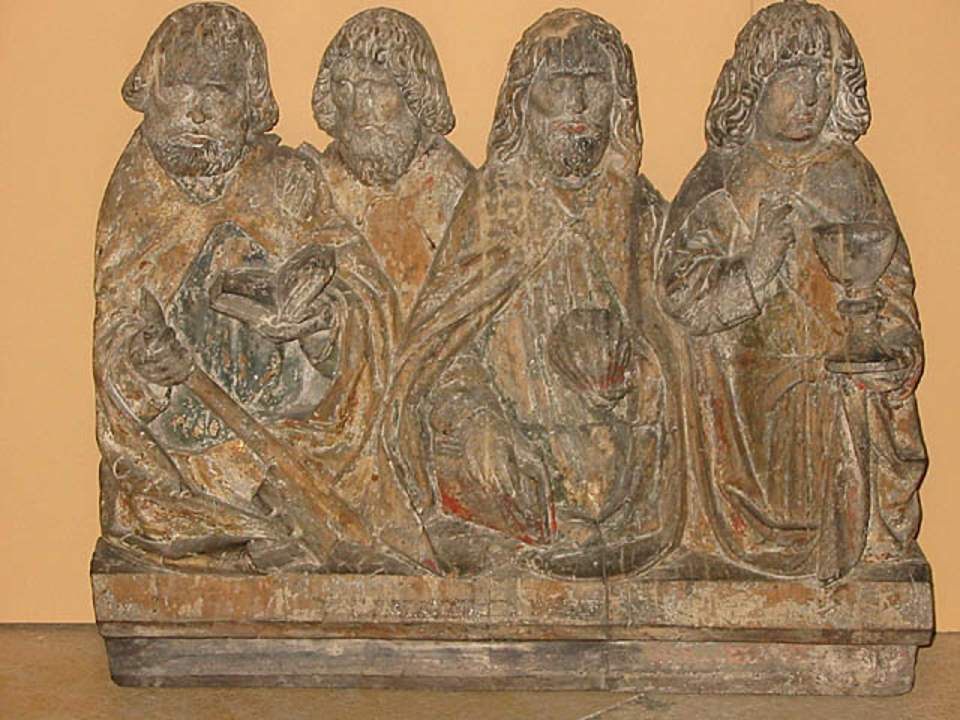 Holzskulptur, Predella mit vier stehenden Heiligen, Fragment