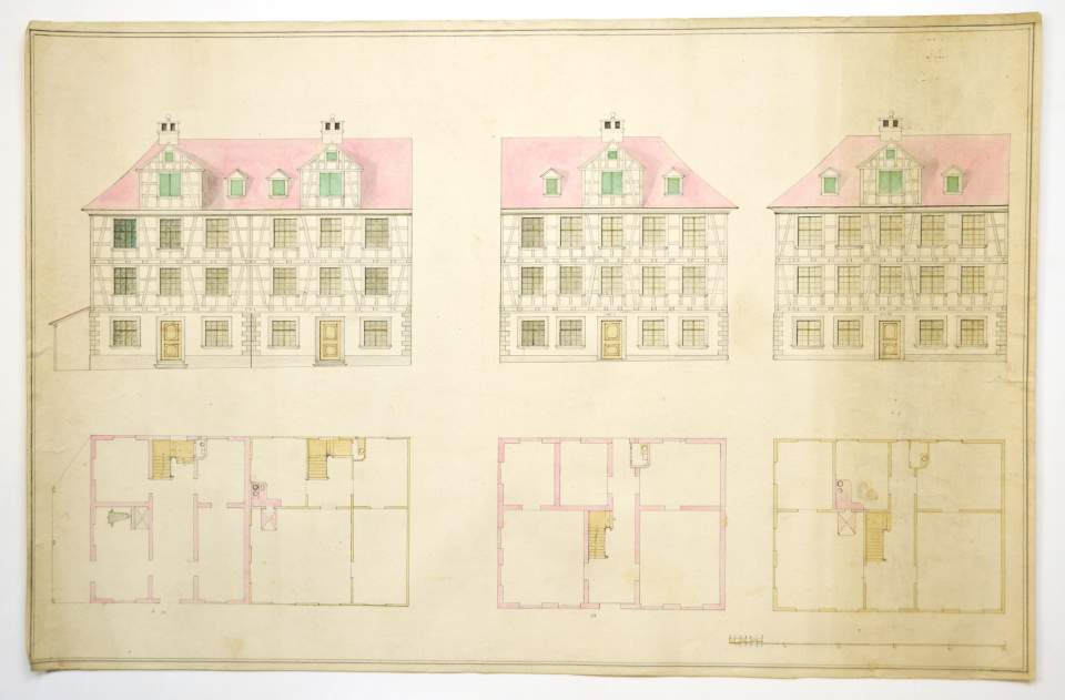 Grundriss und Aufriss für ein Doppelwohnhaus