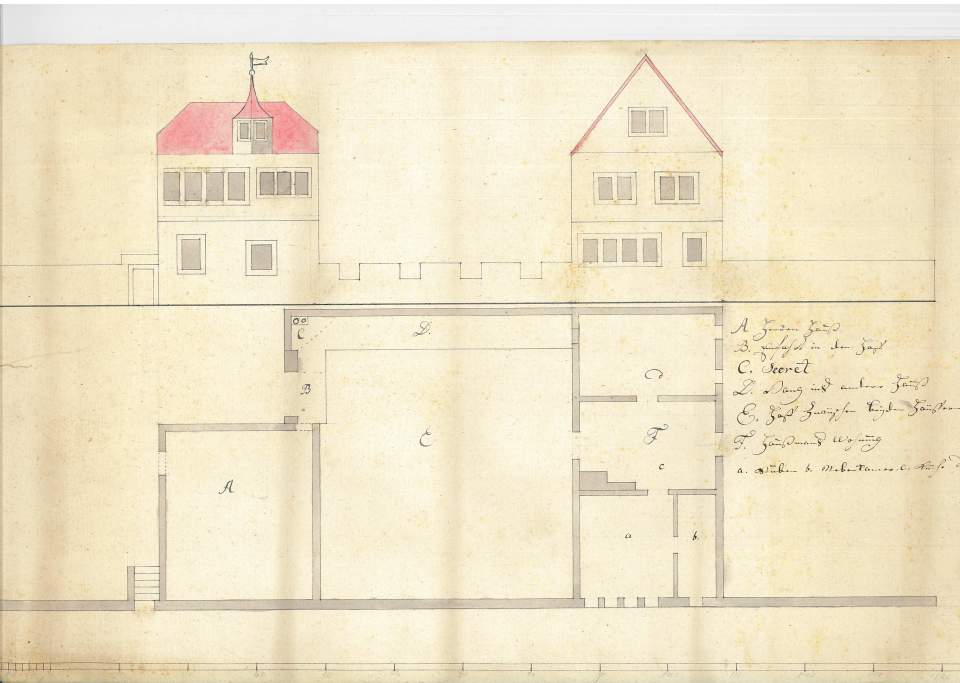 Grundriss und Aufriss für ein Herrenhauses mit Nebengebäude