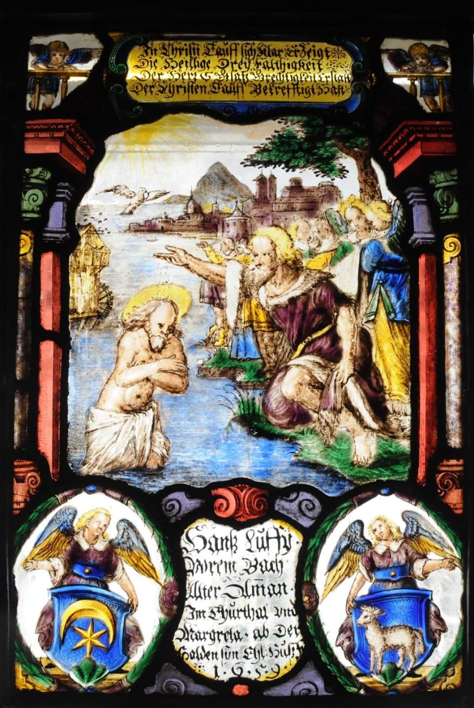 Allianzwappenscheibe von Hans Luffi und Margaretha Abderhalden (Taufe Jesu), Glasgemälde
