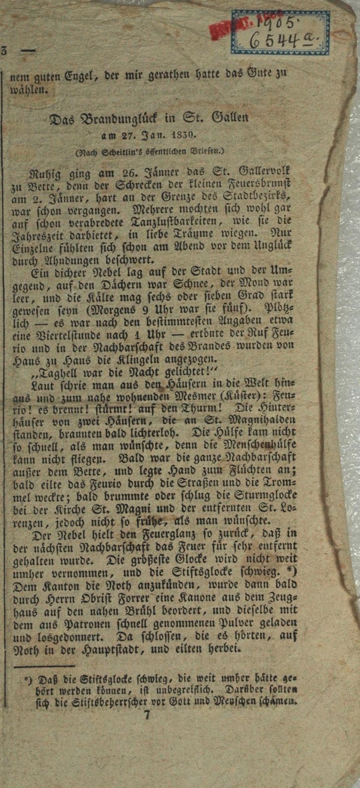 "Brandunglück in St.Mangen, 27.Jan.1830" (St.Galler Tagblatt)