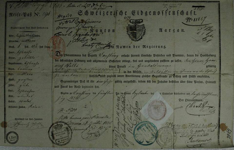 Reisepass für den Kaufmann Heinrich Welti aus Kilchberg/ZH (1826)