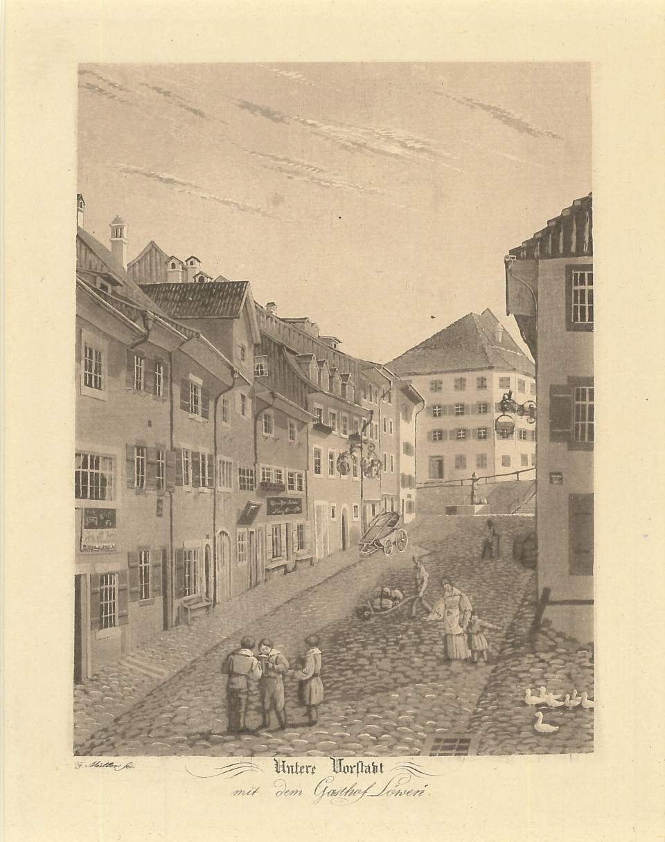 Wil, Untere Vorstadt mit Gasthof zum Löwen, 1837