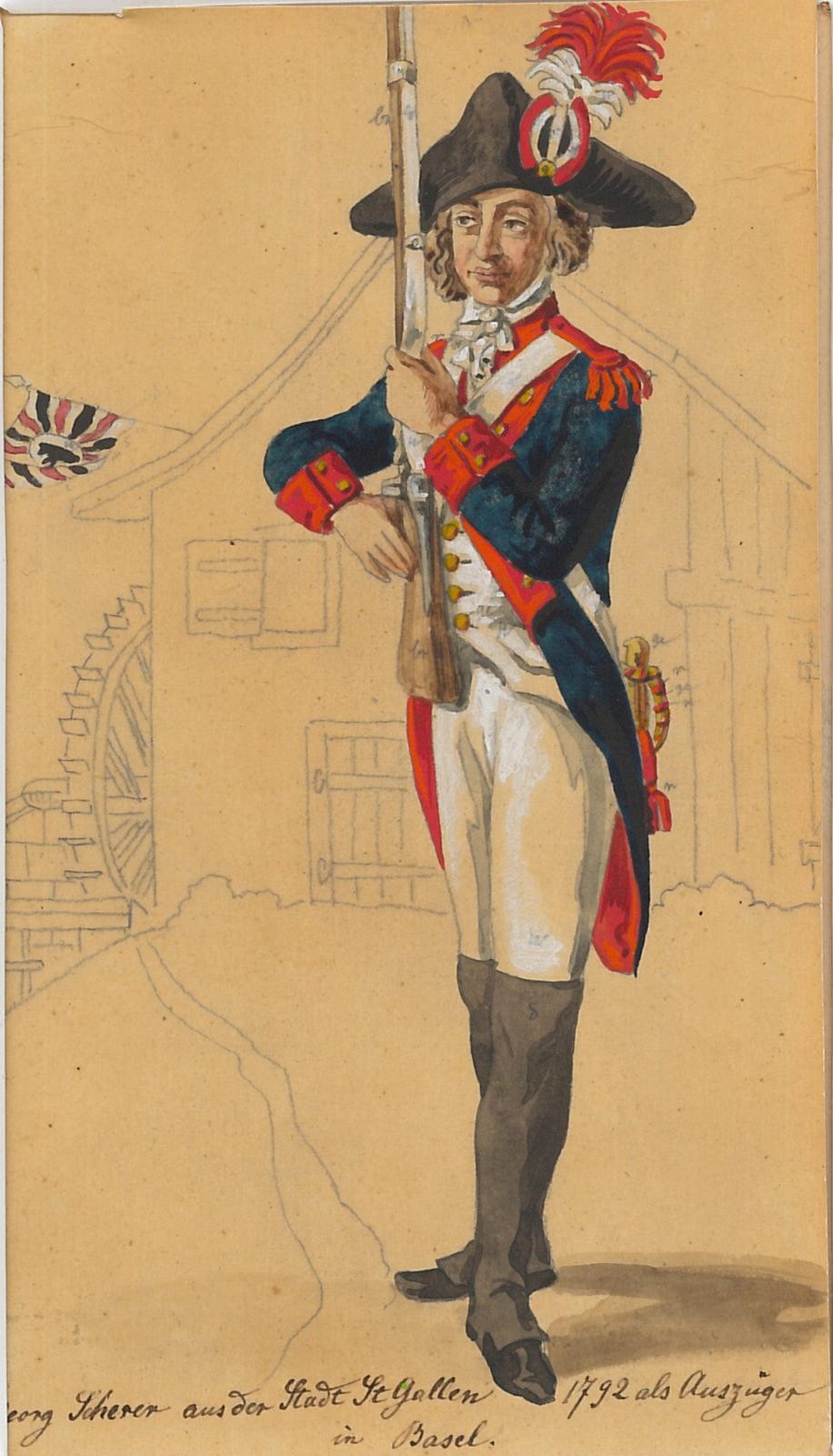 Zeichnung, Soldatenbild des Georg Scherer, St.Gallen