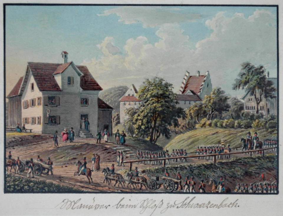 Ansicht des Rückzuges vom Feld Salen beim Schloss Schwarzenbach