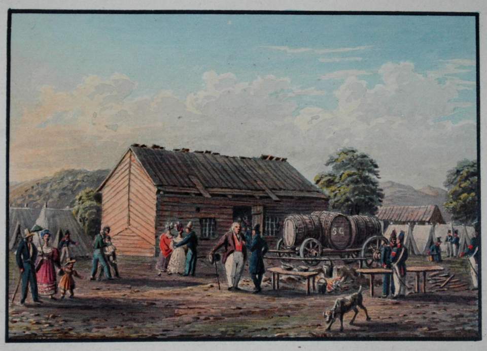 Ansicht der Trink-Hütte des Spital-Amts St. Gallen im Lager