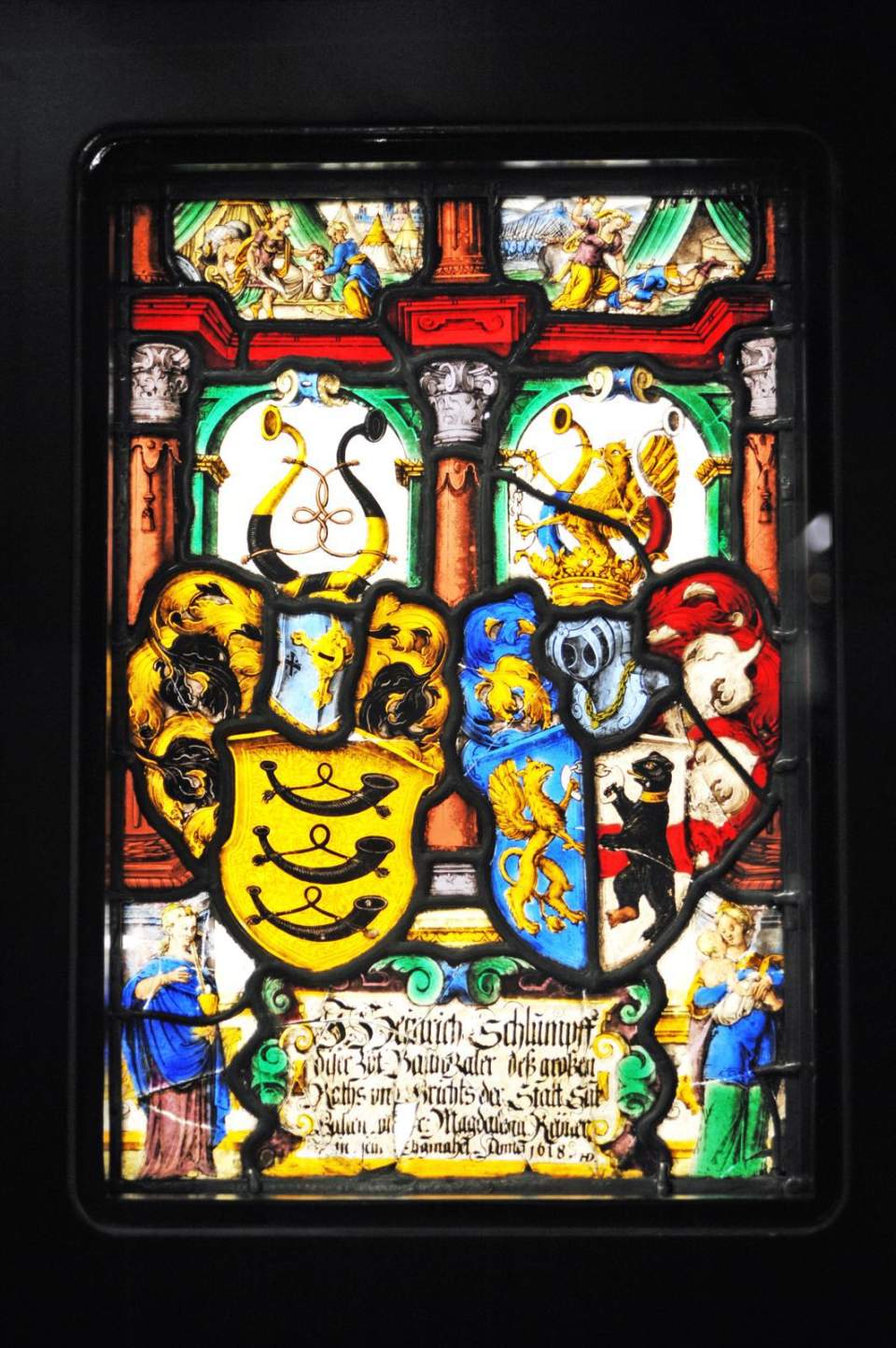 Allianzwappenscheibe von Heinrich Schlumpf und Magdalena Reyner, Glasgemälde