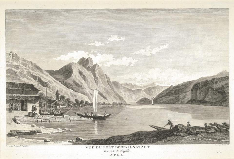 Grafik, Ansicht des Hafens von Weesen bei Walenstadt