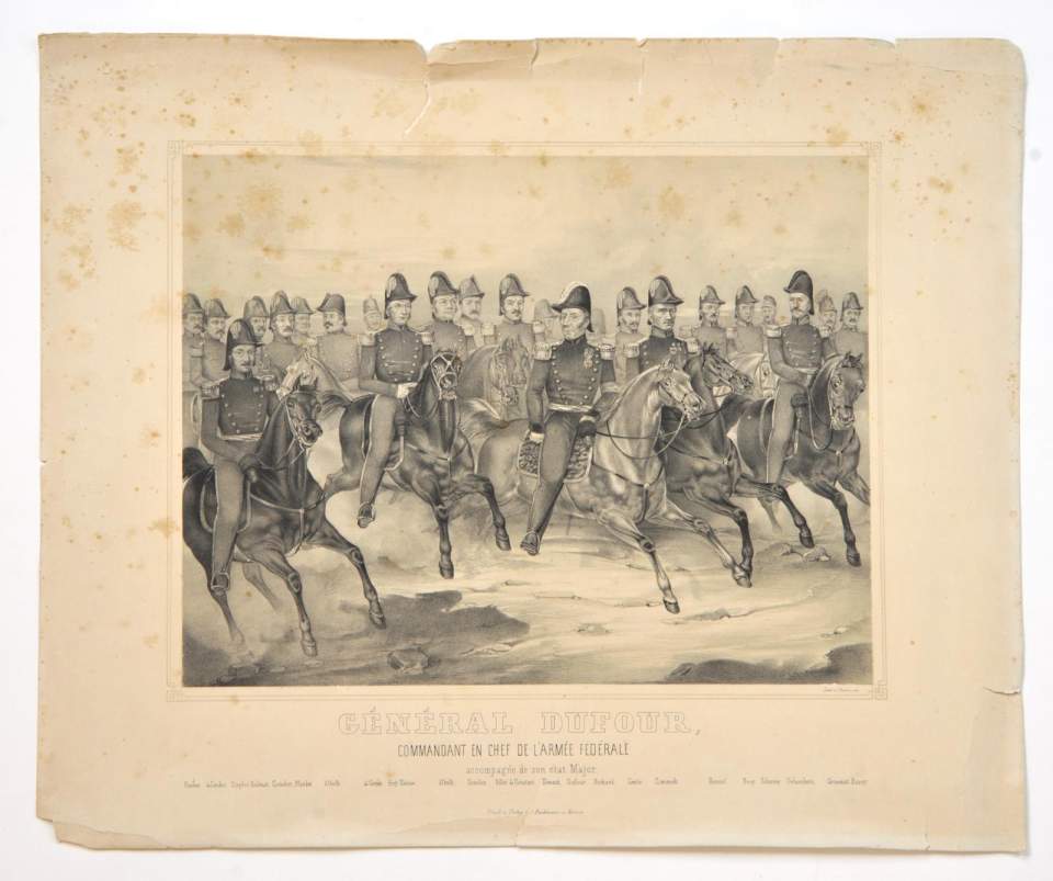 Lithografie, General Dufour mit seinem Stab