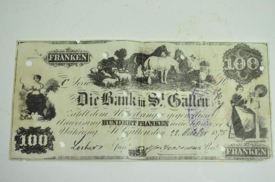 2 Banknoten Falsifikate der alten Bank in St. Gallen