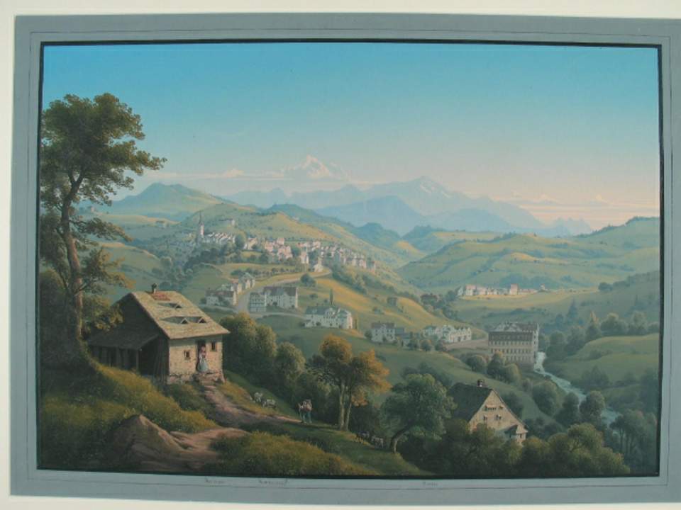 Grafik, Ansicht von Herisau mit dem Säntis und dem Hohen Kasten