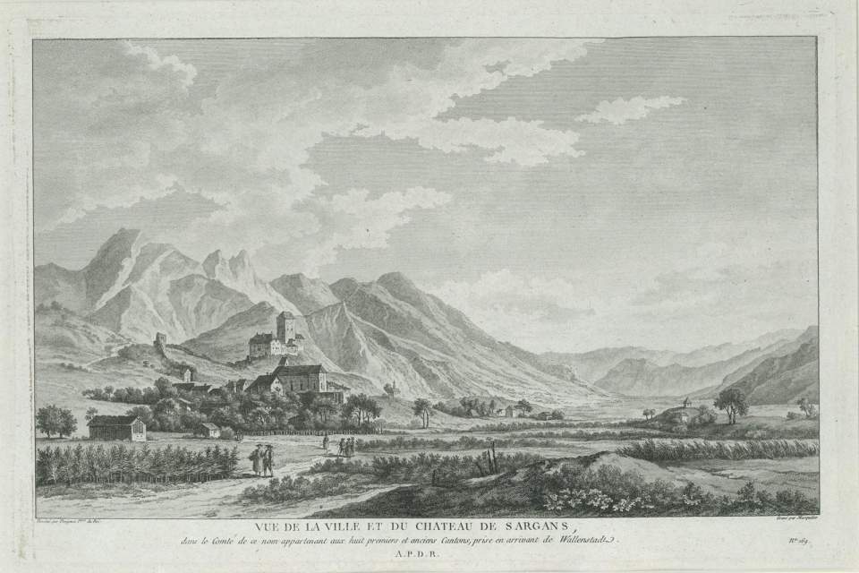 Ansicht Sargans Schloss und Städtchen von Westen