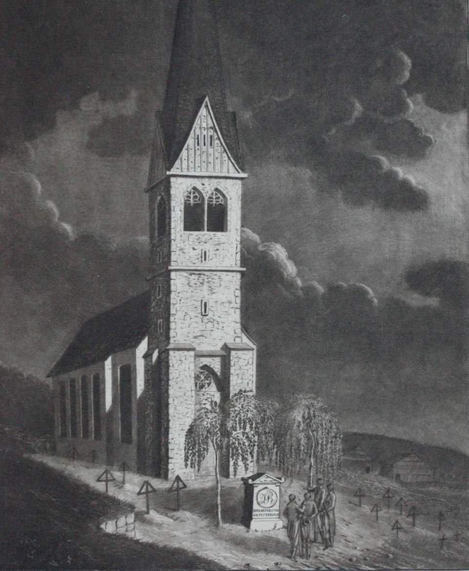 Grafik, Ansicht der Kirche Henau mit dem Grabmal Pfarrer J. U. Rothmund