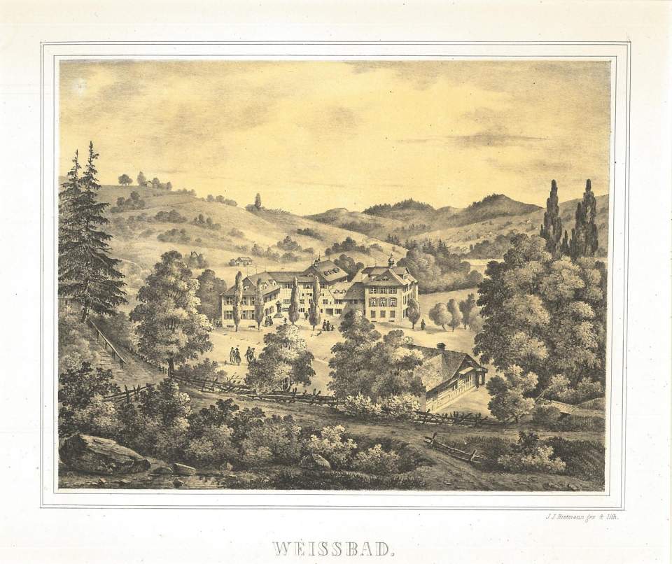 Grafik, Ansicht des Kurhauses zu Weisbad