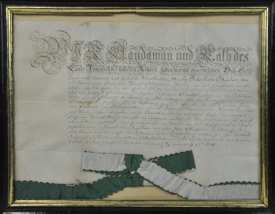 Urkunde, Pergamenturkunde, Meisterbrief für den Scharfrichter Heinrich Widmann