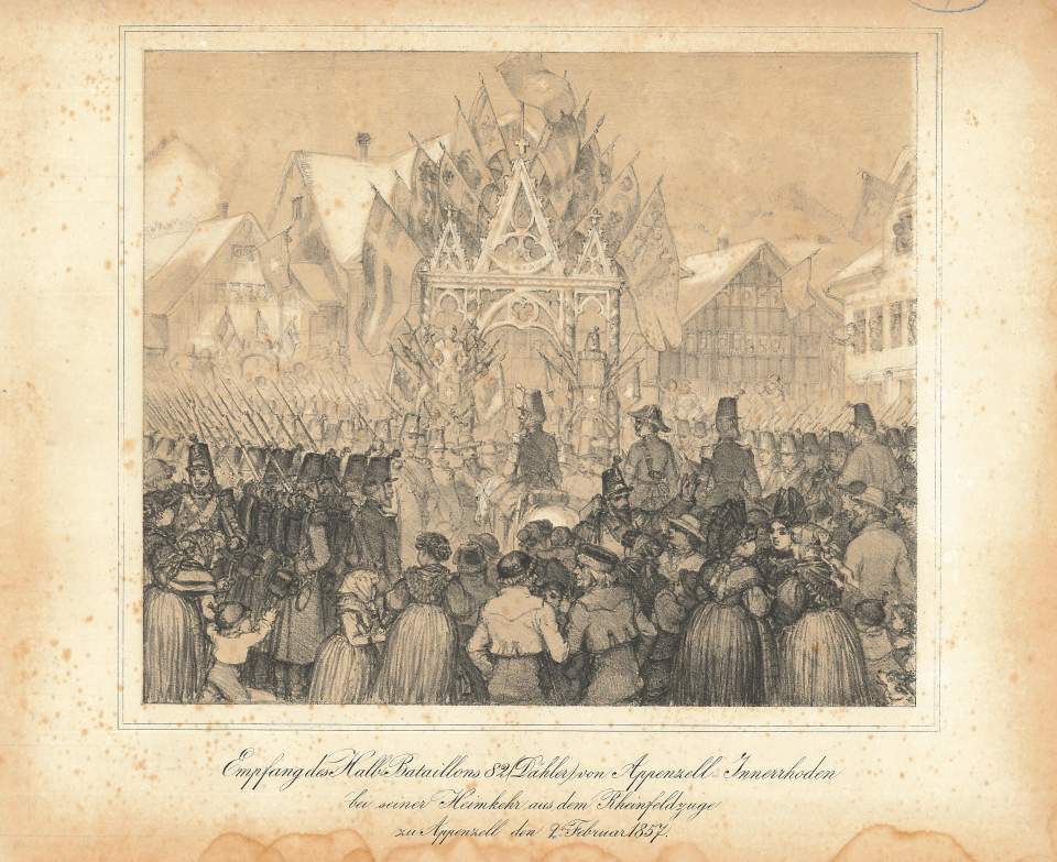 Grafik, Empfang des Battaillons 82 Dähler in Appenzell 1857