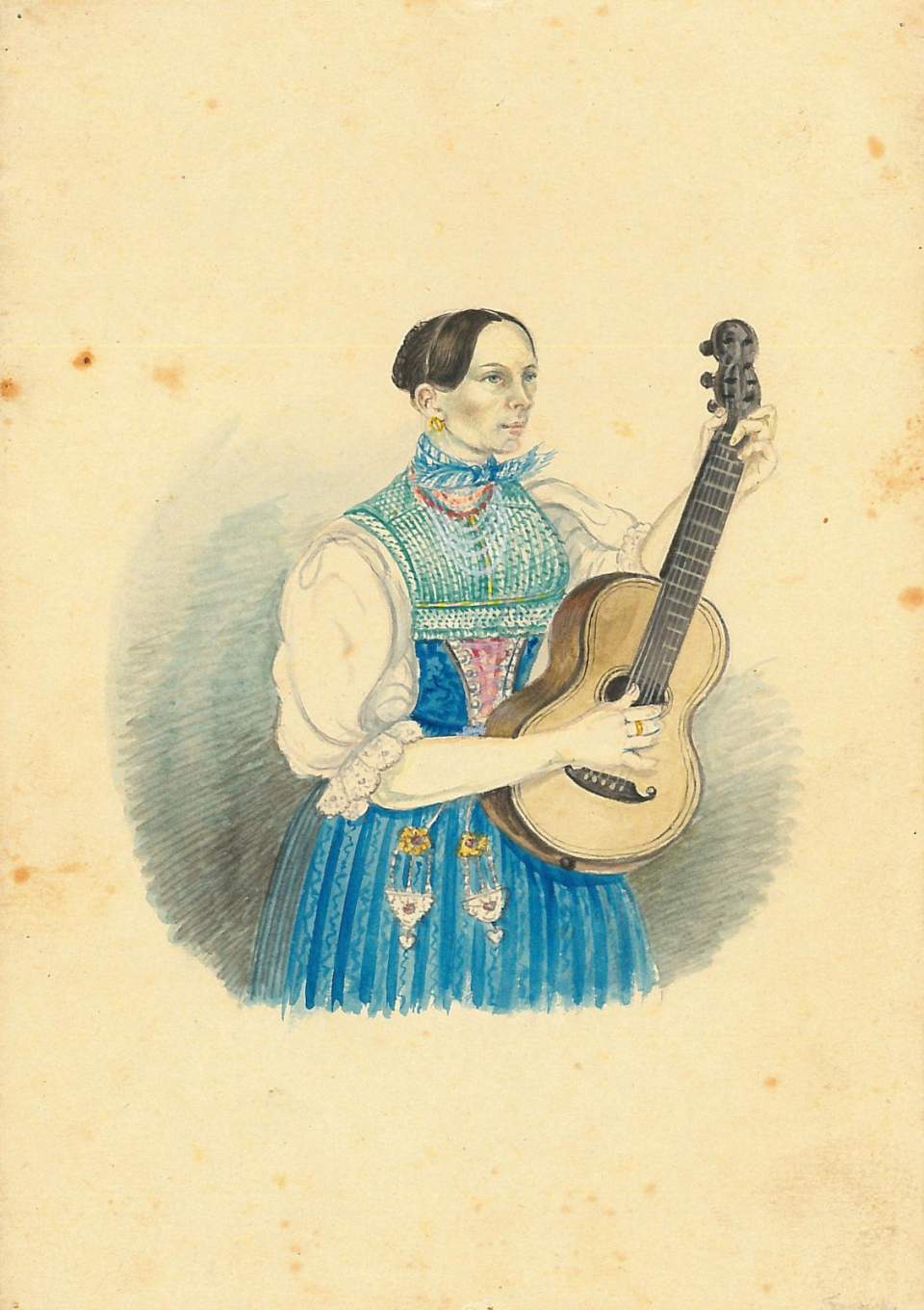 Trachtenbild, Frau in Barärmeltracht aus Appenzell Innerrhoden, Musikerin mit Konzertgitarre