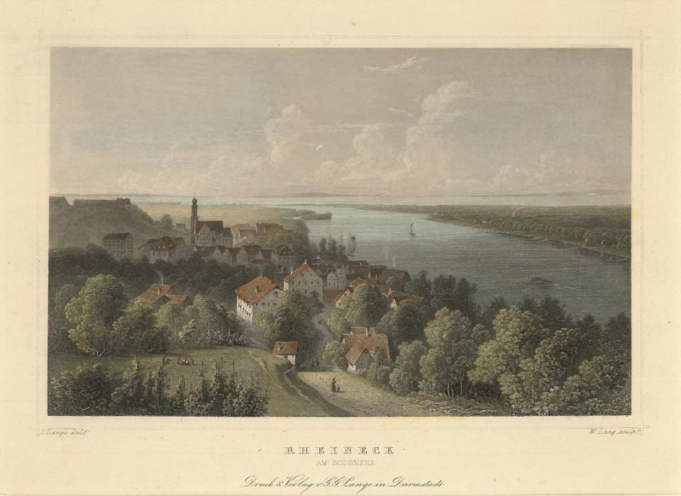 Kolorierter Stahlstich, Ansicht Rheineck am Bodensee