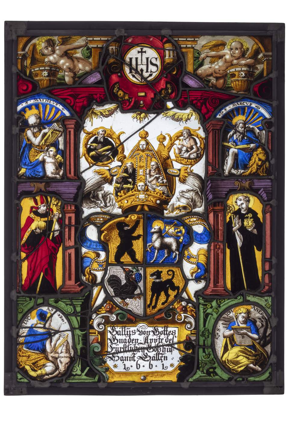 Wappenscheibe Abt Gallus II. (Hl. Gallus, Johannes d. Täufer, Hl. Benedikt, Hl. Otmar), Glasgemälde