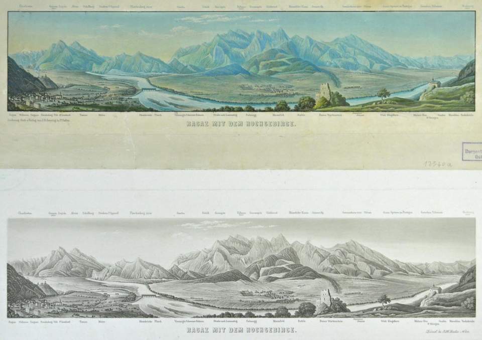 Grafik, Ragaz mit dem Hochgebirge, koloriert