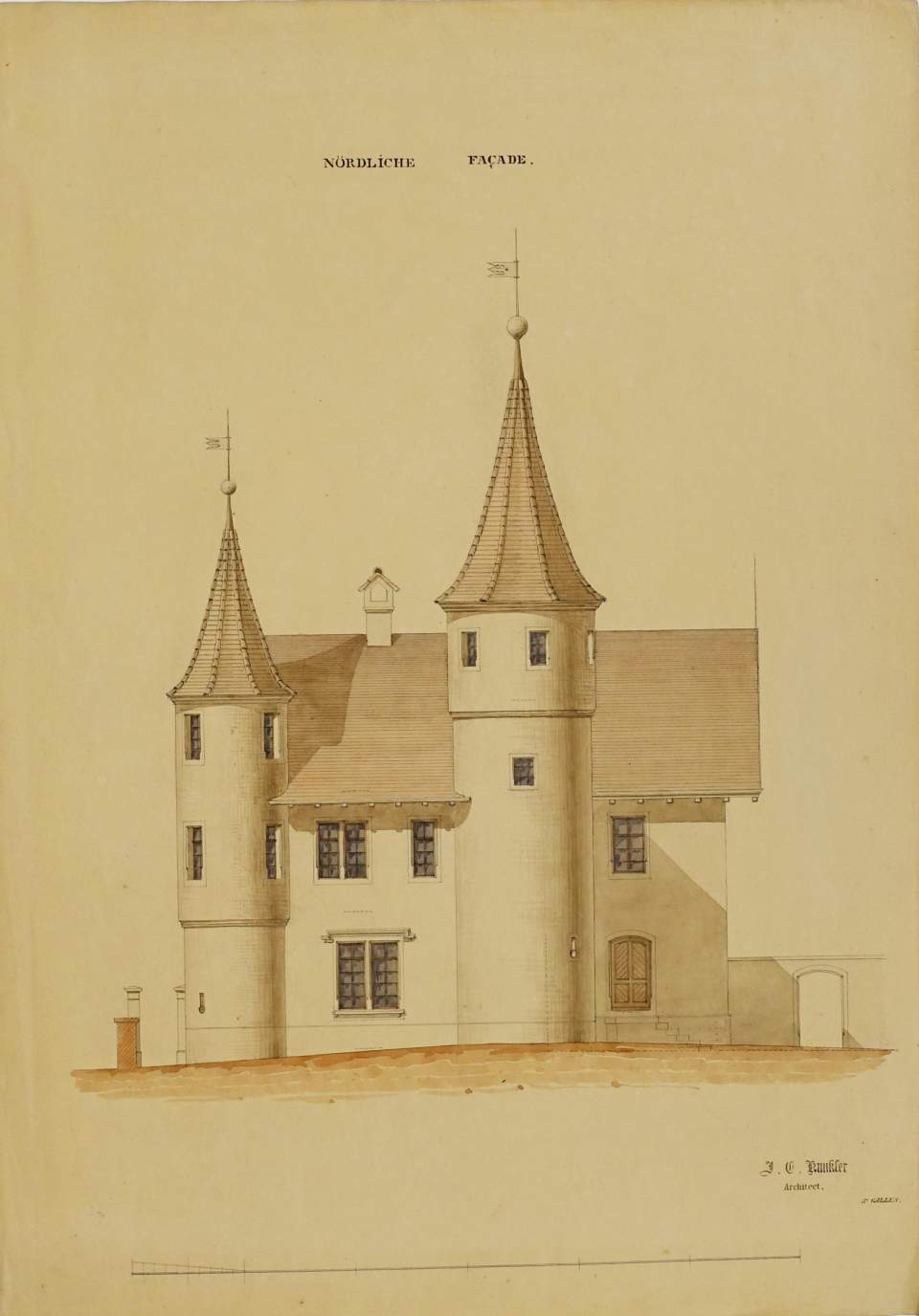 Federzeichnung, laviert, Plan für eine Villa, nördliche Fassade