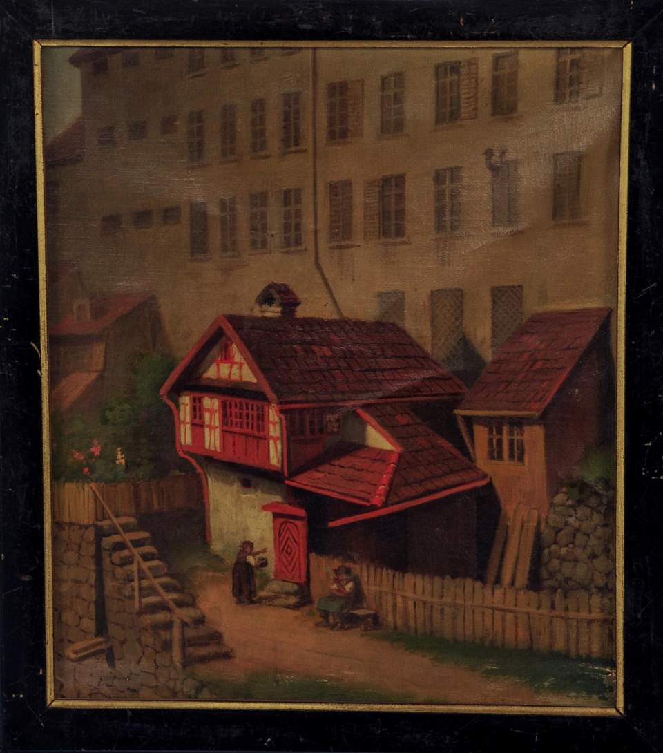 Gemälde, Ölgemälde Partie aus der Mossbrückenstrasse " Häuschen im Klostergarten"