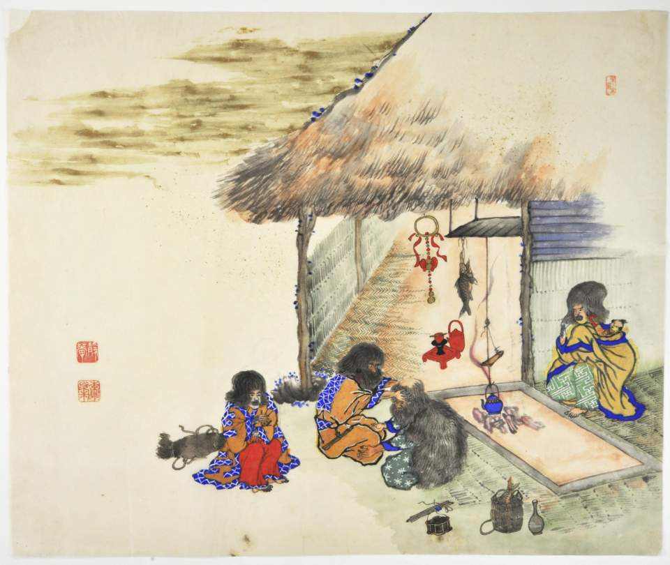 Malerei auf Papier Ainu Familie vor Hütte