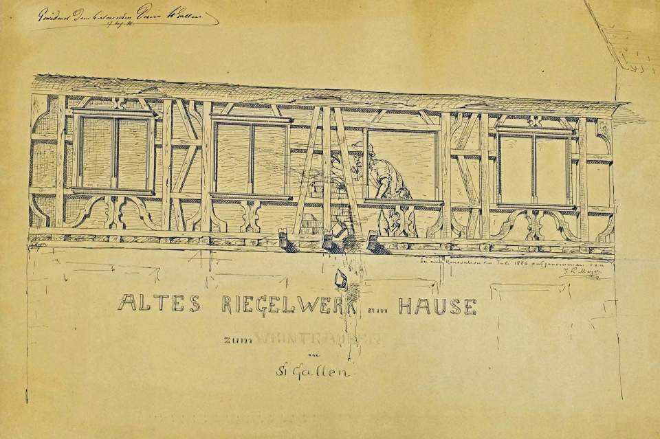 Federzeichnung, Riegelwerk eines alten St. Gallerhauses