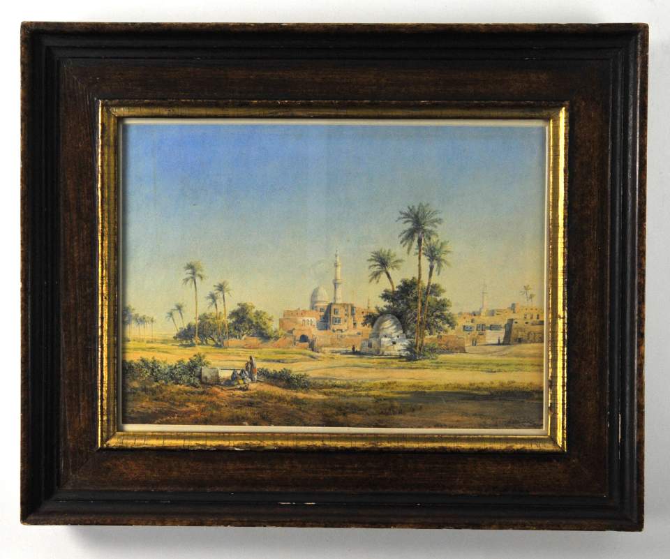 Bild / Aquarell, orient. Stadt m. Szene 3 Frauen am Brunnen