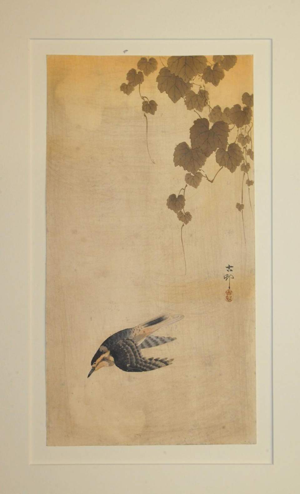 Farbholzschnitt, Vogel- und Blumenbild